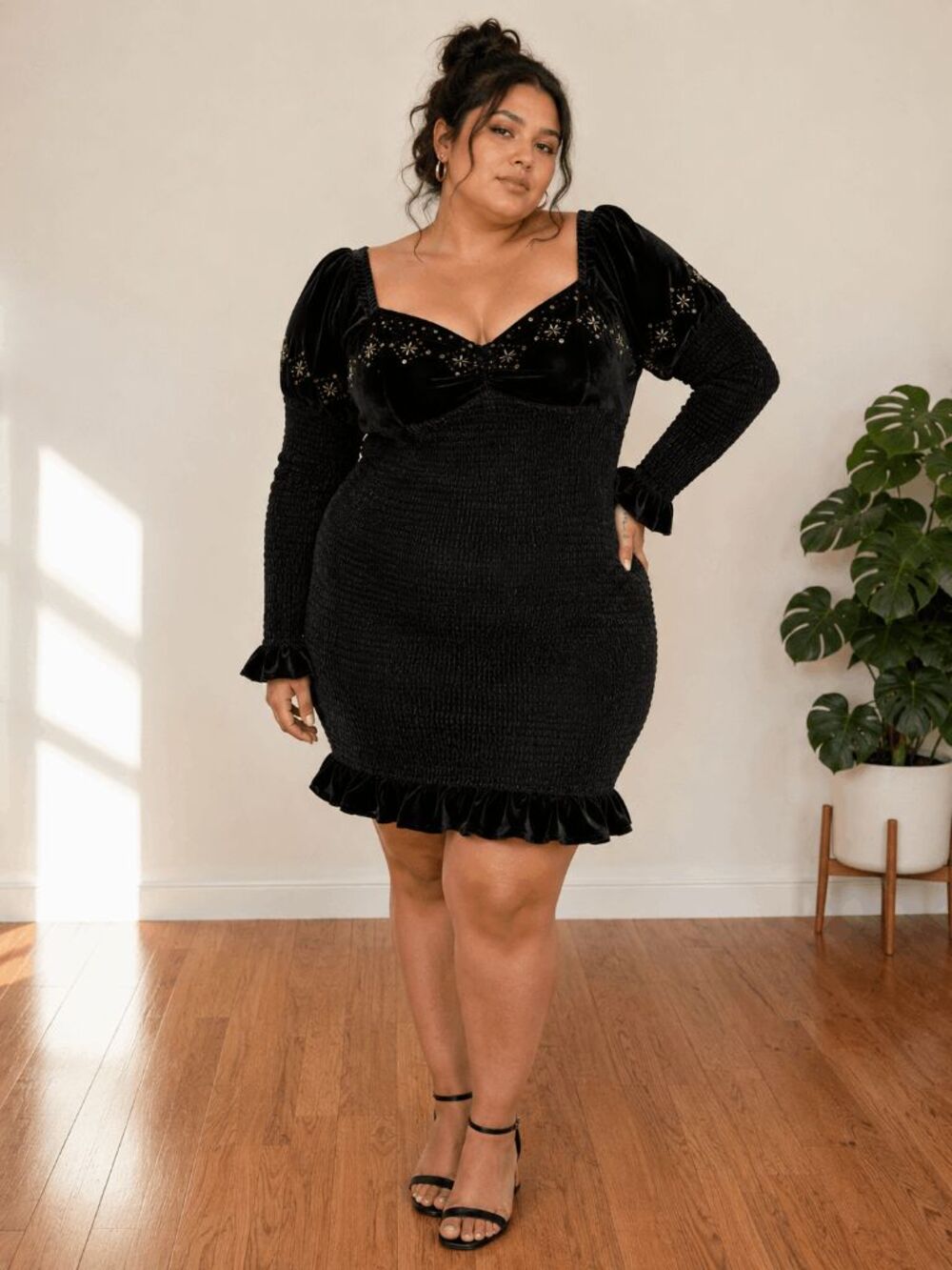 LoveShackFancy Buttercup Velvet Smocked Mini Dress XXL Beaded Black